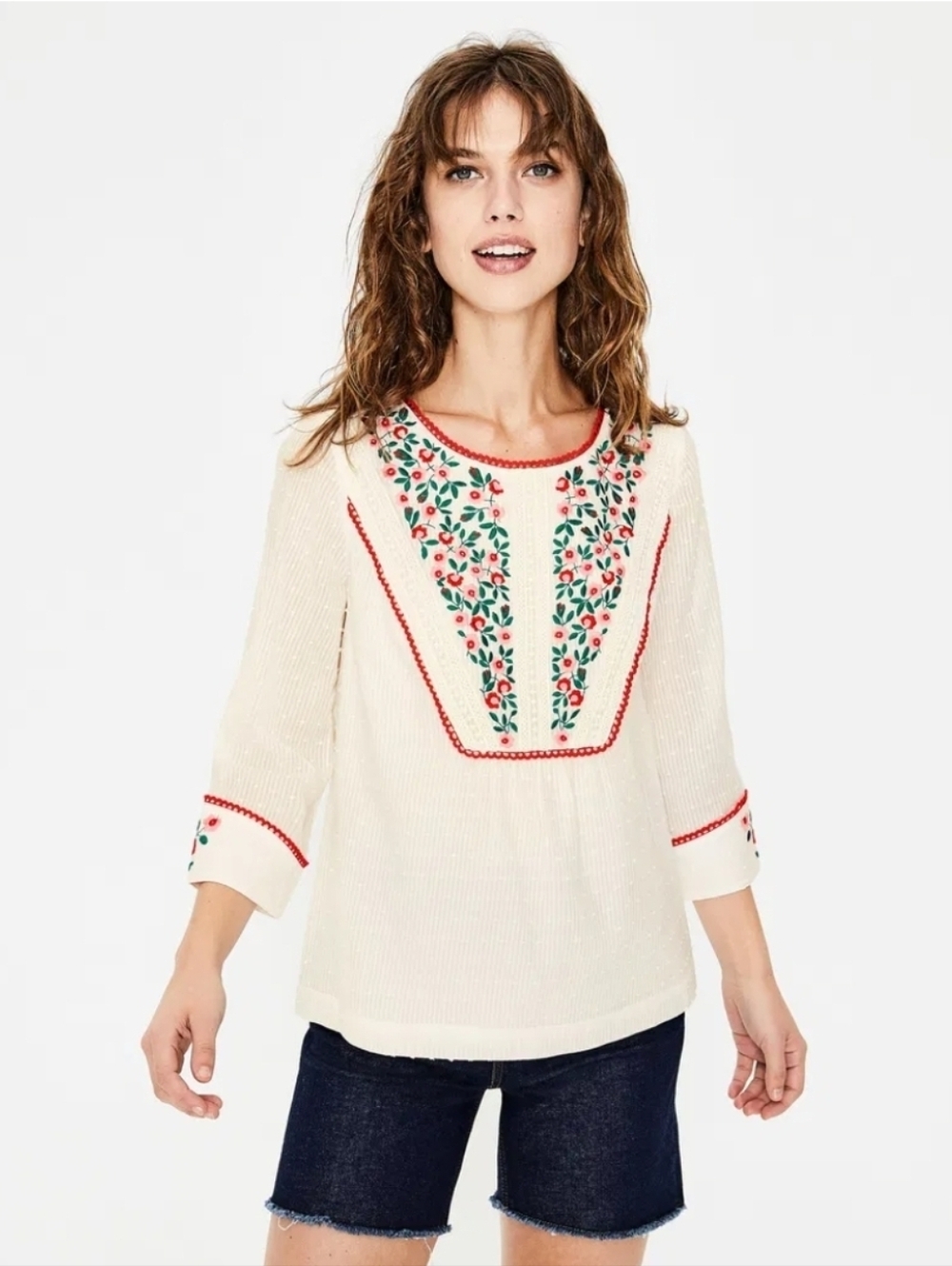 Boden Cream Tunic with Red and Green Floral Embroidery